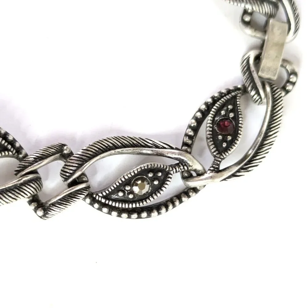 Marquise Eye Shaped Silver Tone Textured Link Bracelet Marcasite Style 6.5